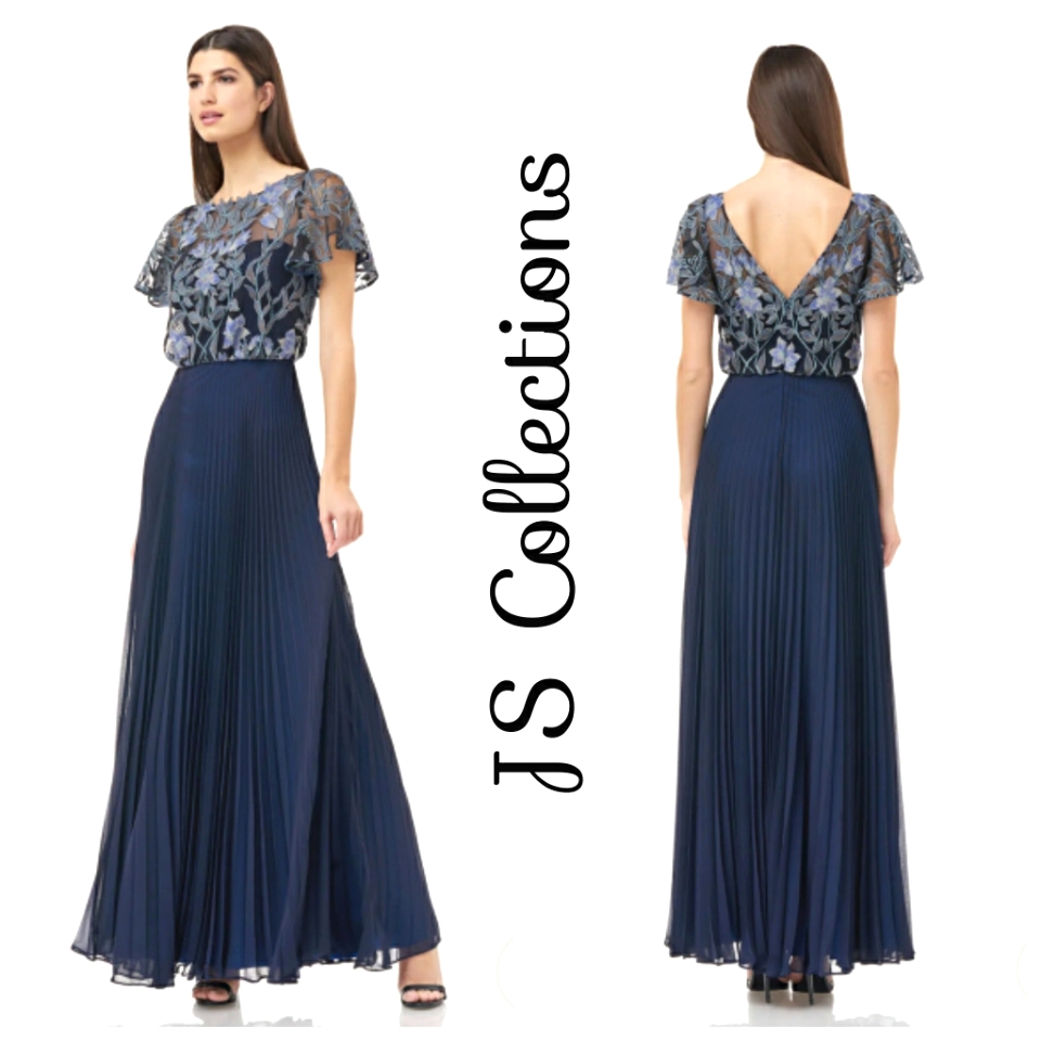 Nwot Js Collections Embroidered Floral Lace Flutter Sleeve Pleated Navy